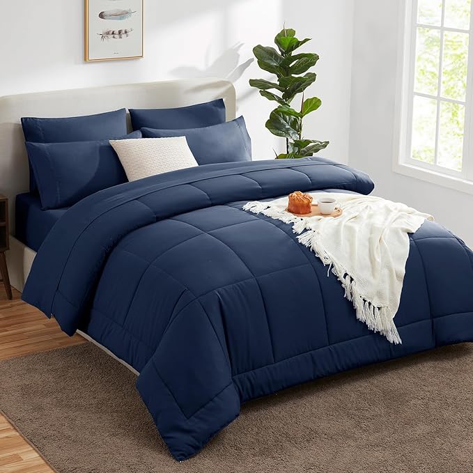 CozyLux Oversized King Comforter Sets Navy Blue, 7 Pieces Bed in a Bag, Ultra-Soft All Season Bedding Sets with Stitch Quilted Comforter, Flat Sheet, Fitted Sheet, Pillowcases