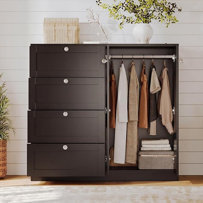 VOWNER Armoire Wardrobe Closet with 4 Drawers and 2 Doors, 43''H Clothing Storage Cabinet Dresser with Hanging Rod, Cothes Wardrobe for Bedroom, Baby Closet, Black