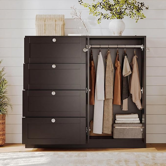 VOWNER Armoire Wardrobe Closet with 4 Drawers and 2 Doors, 43''H Clothing Storage Cabinet Dresser with Hanging Rod, Cothes Wardrobe for Bedroom, Baby Closet, Black
