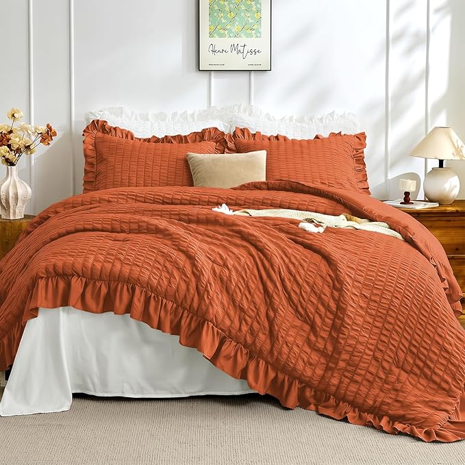 JOLLYVOGUE King Comforter Set, 3 Pieces Seersucker Comforters King Size, Lightweight & Fluffy Bedding Sets King for All Season with 1 Ruffle Comforter and 2 Ruffle Pillowshams, Burnt Orange