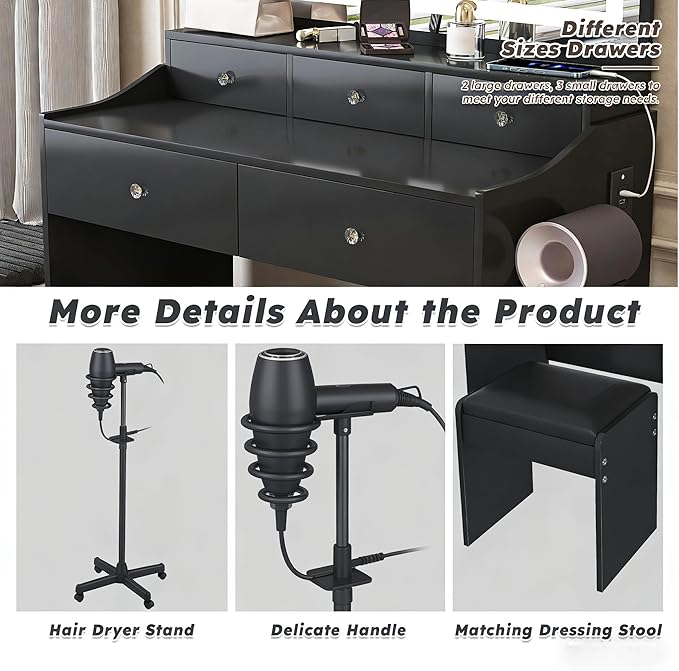Casaphoria Vanity Desk with Large Mirror, 5 Drawers, Adjustable Lighting & Power Outlet - Modern Black Makeup Vanity Set with Hair Dryer Holder for Bedroom, Dressing Table with 3 Light Colors