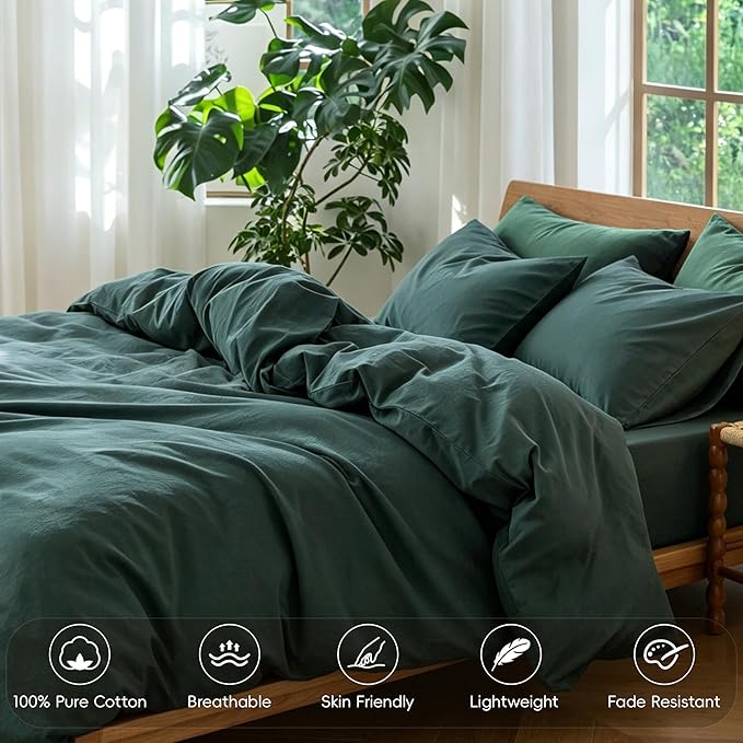 MooMee Bedding Duvet Cover Set 100% Washed Cotton Linen Like Textured Breathable Durable Soft Comfy (Solid Green, Queen 90"x90")