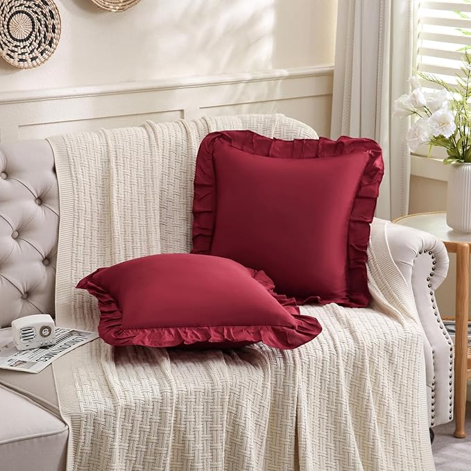 Merryword Burgundy Pillowcases 18x18 Cute Throw Pillow Covers Pack of 2 Ruffle Pillowcase Cushion for Couch Sofa Bedroom