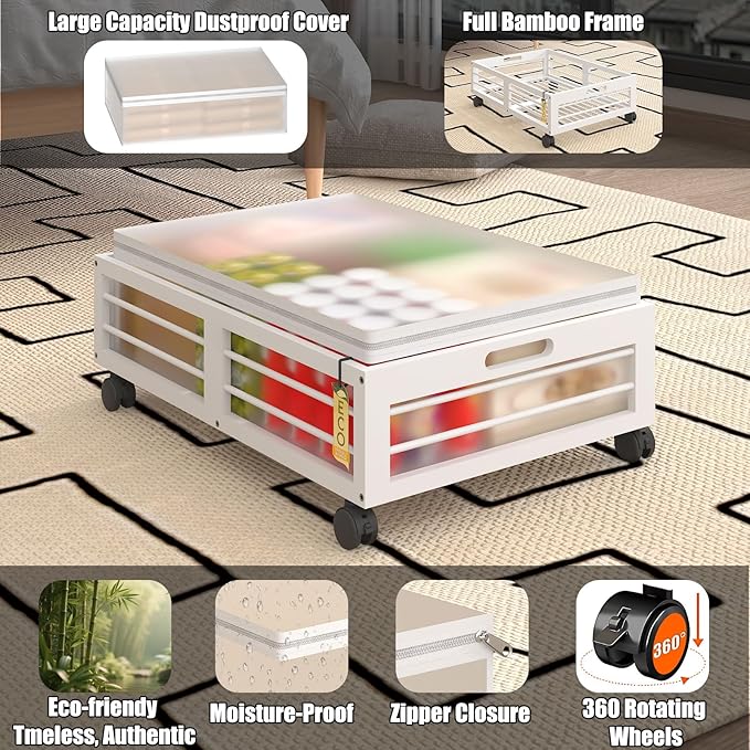 Bamboo Underbed Storage Containers with Wheels & Bag 2 Pack, Large Under Bed Rolling Storage Bins Wood Under Bed Clothes Storage Stackable Drawers for Bedroom Closet Under Crib Toy(White)