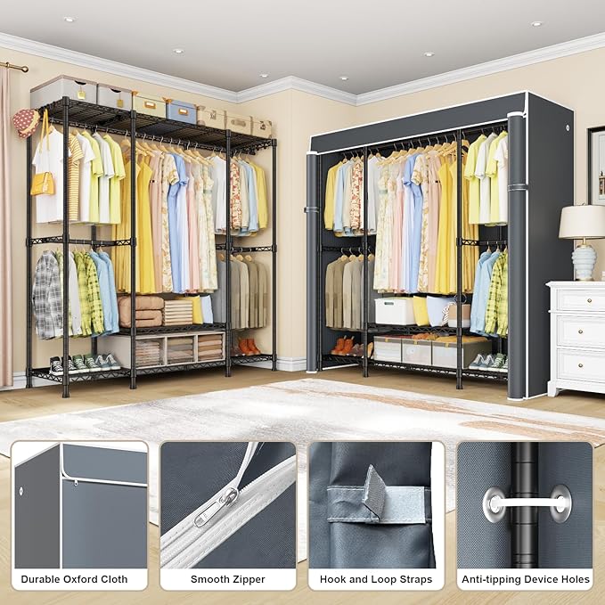 ULIFHOME E3C Black Clothes Rack with Gray Cover, Heavy Duty Freestanding Garment Rack, Metal Closet System Storage Organizer for Clothing, Holds up to 850 lbs, 59.5" W x 16.5" D x 77.4" H