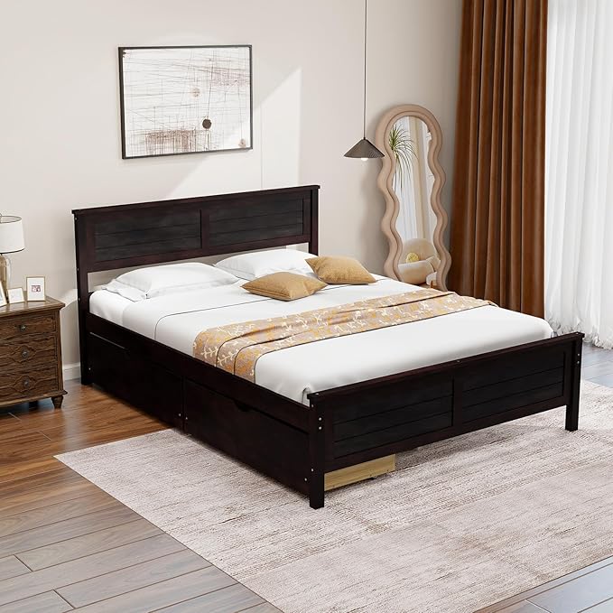 Giantex Wood Full Size Bed Frame with 2 Storage Drawers, Solid Wood Platform Bed with Headboard, Wooden Slats Mattress Foundation, No Spring Needed, Full Bed Frame for Kids, Teens, Adults, Espresso