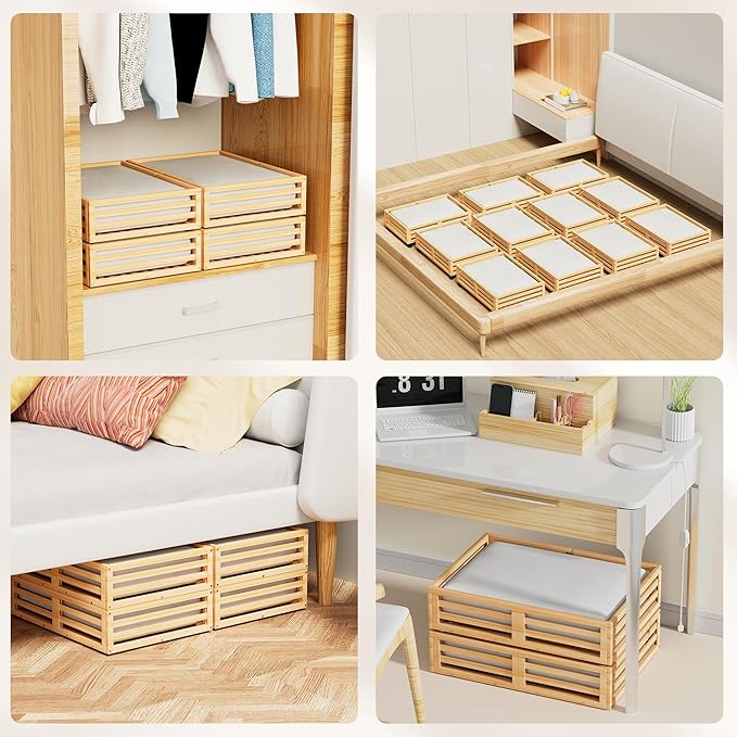 Wisuce Bamboo Under Bed Storage Containers- Underbed Organizer with Wheels with Dust Bag,Sturdy Wood Rolling Under the Bed Shoe Storage Organizer Drawers (Nature, 2 Pack (23.62"×16.54"))