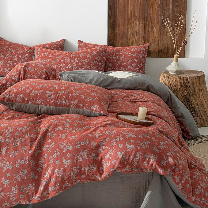 VM VOUGEMARKET Vintage Floral Duvet Cover Set King,Rust Red Double Layer Gauze Cotton Bedding, Soft Breathable Comforter Cover with Zipper Closure,3 Pieces