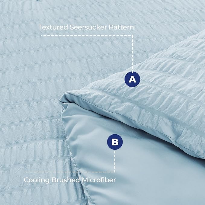 HYMOKEGE Lake Blue Duvet Cover Full Size, Ultra Soft 3-Piece Seersucker Duvet Cover Set with Zipper Closure, Soft Brushed Microfiber Bedding Set with 8 Corner Ties (80"x90", 2 Pillowshams)