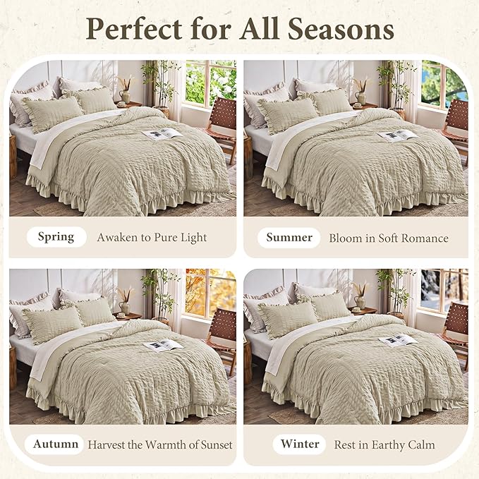 JOLLYVOGUE Twin Size Comforter Set, 2 Pieces Linen Seersucker Lightweight Fluffy Bedding Set, Twin Ruffle Comforter, All Season Soft Microfiber Shabby Chic Bed Set