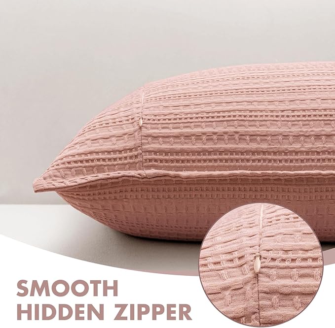 Set of 2 Decorative 100% Cotton Waffle Euro Sham Pillow Covers 26x26, Neutral Throw Pillows Weave European Cushion Cases for Couch Sofa Bed Modern Farmhouse Home Decor Valentines Day, Pink