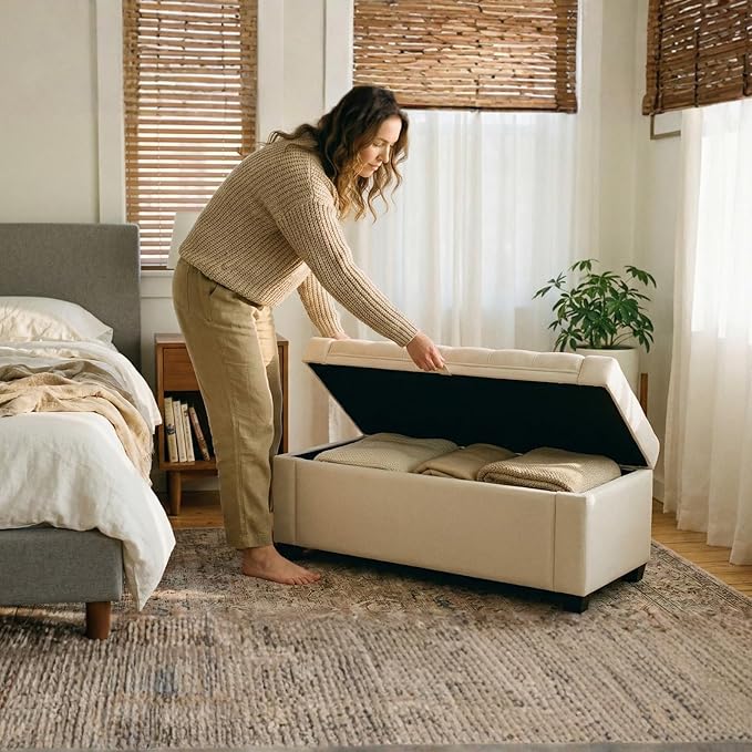 Storage Ottoman Bench for Bedroom, End of Bed Bench with Hidden Storage, Upholstered Tufted Linen Ottoman with Safety Hinge, Bedroom Bench with Storage, 43 Inch, 350lb, Linen Beige