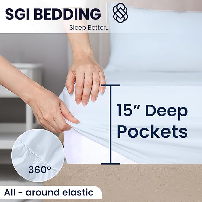SGI Split King Sheet Set for Adjustable Bed Egyptian Premium Cotton 600 Thread Count Sheets for Sleep Number Bed 15" Deep Pocket 5 Pc Set with 2 Twin XL Fitted Sheets Soft Breathable -Light Blue