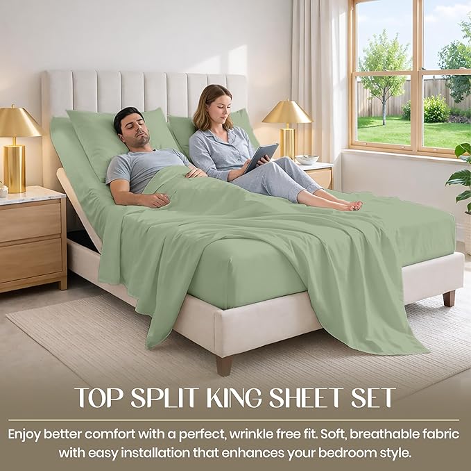 SGI bedding 36" Queen Split Top Flex Head Sheet 100% Egyptian Cotton 1000 Thread Count Flex Top Sheet for Adjustable Bed 4Pc Sheet Set 15" Deep Pocket for Sleep Number Bed - Moss