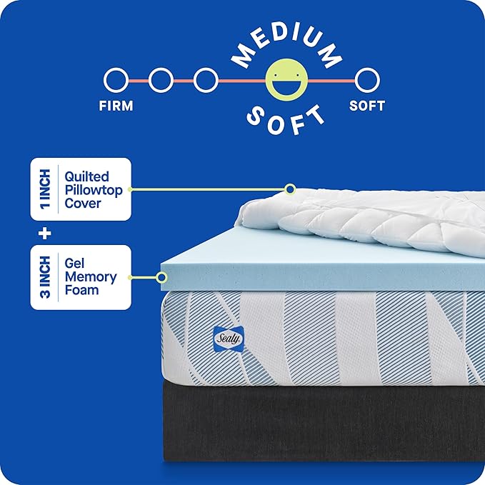 Sealy Dreamlife 3” Gel Memory Foam Queen Mattress Topper with 1” Quilted Cooling Cover, SealyComfort Gel Foam, SealyCool Poly Blend Cover