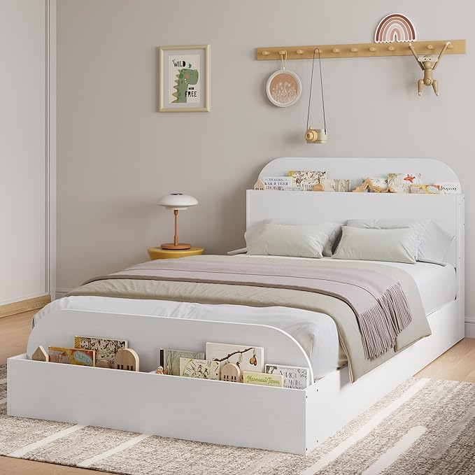 Garvee Twin Bed Frame with Headboard & Footboard – Low Platform Kids Bed, Wooden Twin-Floor Design, Noise-Free, No Box Spring Needed, White