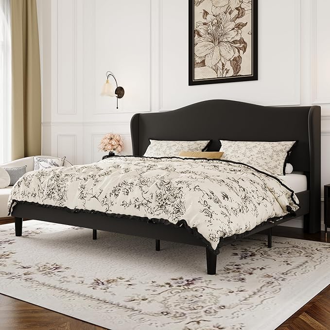 SHA CERLIN King Size Velvet Platform Bed Frame with Elegant Wingback Headboard, Modern & Luxurious Design, Sturdy Wooden Slats, No Box Spring Required, Easy Assembly, Noise-Free, Soft Black