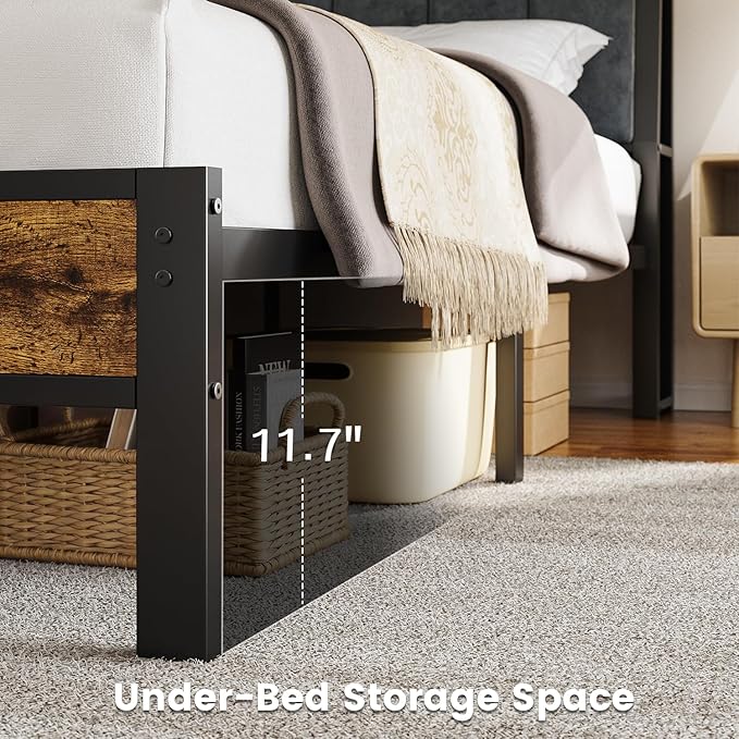 Liians Full Size Bed Frame with Smart LED Light, Wood Storage Charging Station Headboard, Metal Platform Bed, No Box Spring Required, Easy Assembly, Noise Free