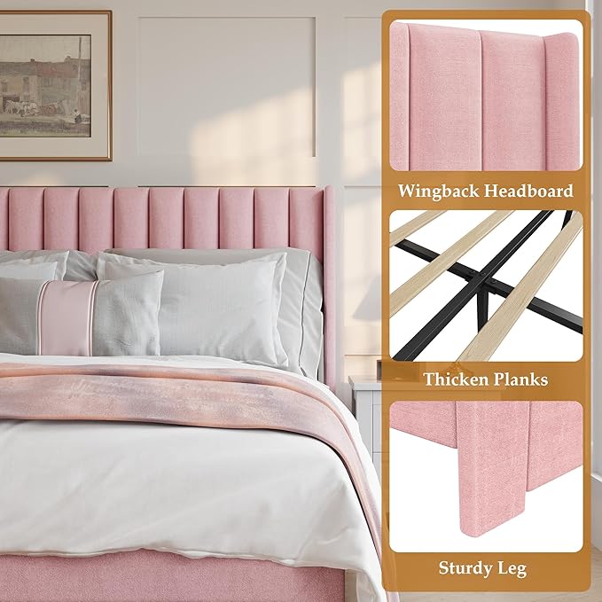Garvee Full Size Bed Frame, Velvet Upholstered Bed Frame with Wingback Headboard, 2 Storage Drawers, No Box Spring Needed, Pink