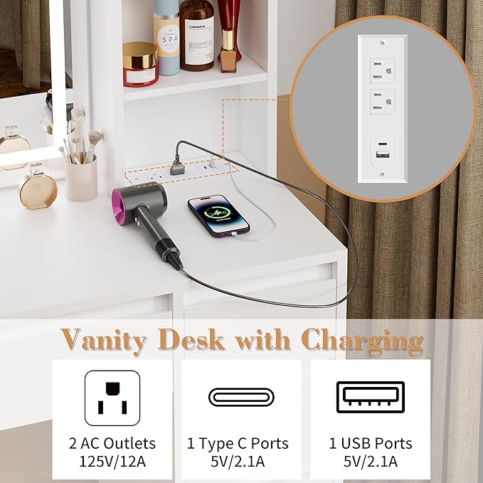 COWMOU Tall Vanity Desk with LED Mirror and RGB Lights Shelves, White Makeup Vanity with Power Outlet, Vanity Table with 5 Sliding Drawers & 2 Cabinets for for Bedroom and Dressing Room