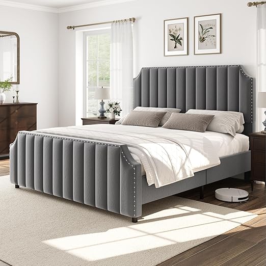 GarveeHome Queen Size Platform Bed Frame with 50.2 in Headboard, Velvet Upholstered Bed Frame with Vertical Channel Tufted Headboard & Footboard, Nailhead Trim, No Box Spring Needed, Grey