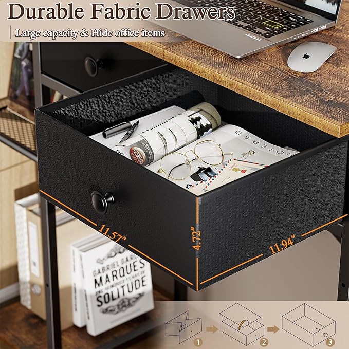 DAOUTIME Small Computer Desk, 36 Inch Writing Desk with Drawers & Storage Shelves, Home Office Writing Desk for Small Spaces, Bedroom, Living Room, Dorm, Rustic Brown