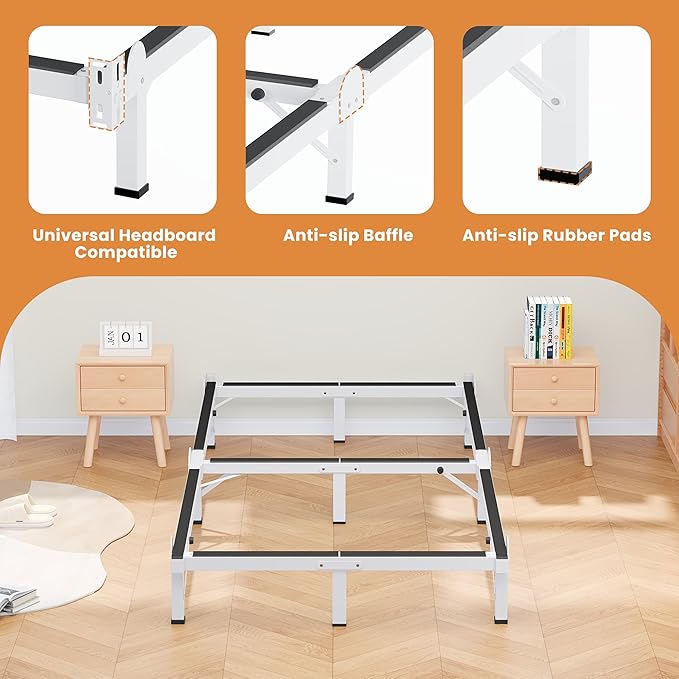 MAF Metal Bed Frame Twin, 9-Legs Support Bed Base, 8 Inches Twin Bed Frame for Box Spring and Mattress, Basics Bed Frame Headboard Attachable Tool-Free Easy Assembly, White