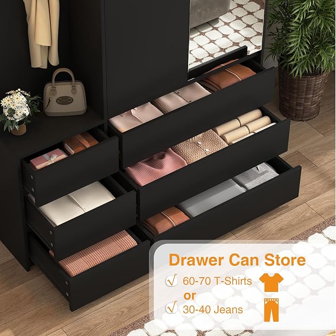 Armoire Wardrobe Closet with Mirror Door and LED Light, Bedroom Armoire with 6 Drawers, Modern Wooden Large Wardrobe Closet with Shelves, Wooden Armoire with Hanging Rod for Bedroom(Black)