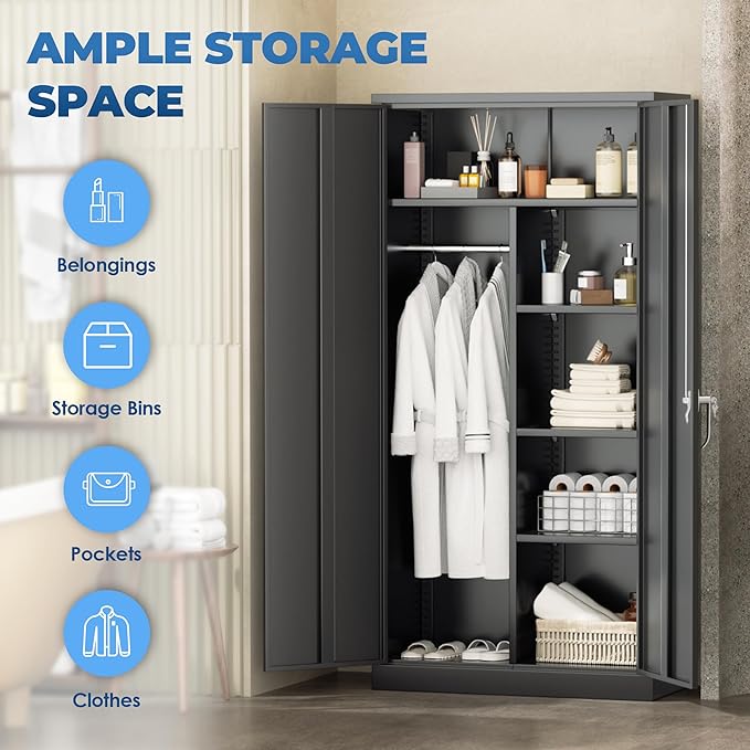 INTERGREAT Metal Wardrobe Cabinets with Lock, 72" Clothing Storage Cabinets with Hanging Rod and 4 Adjustable Shelves, Armoire Wardrobe for Office, School, Employee, Government, Black
