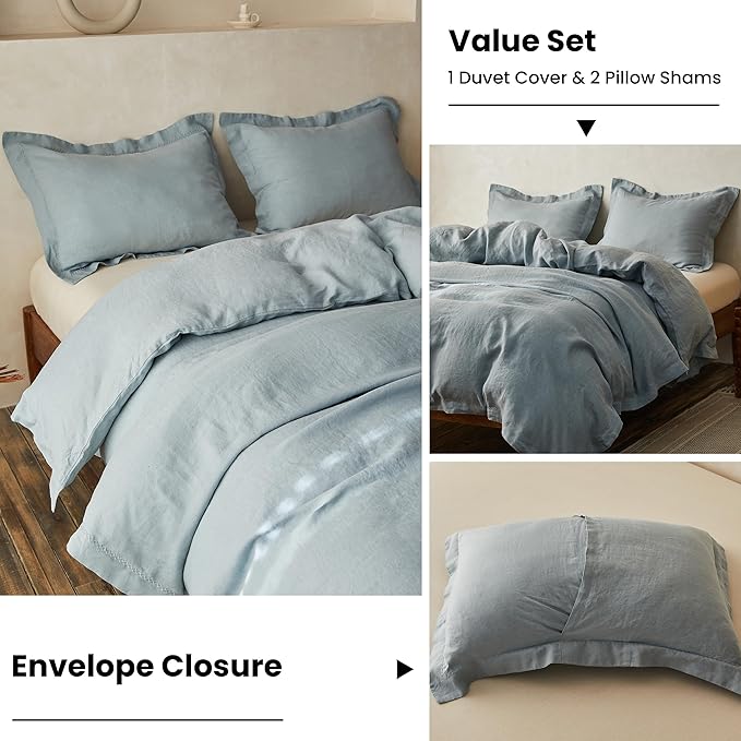 Simple&Opulence 100% Linen Duvet Cover Set with Crossed Embroidery Washed - 3 Pieces (1 Duvet Cover with 2 Pillow Shams) Soft Breathable Farmhouse - Dusty Blue, King Size
