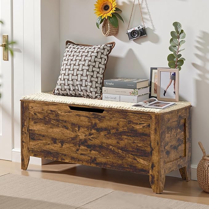 VECELO 43.3" Storage Bench with Handwoven Wicker Cushion, Lift Top Shoe Bench with Safety Hinges, Ideal for Entryway, Bedroom, Living Room, Brown