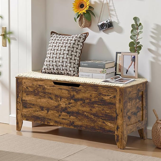 VECELO 43.3" Storage Bench with Handwoven Wicker Cushion, Lift Top Shoe Bench with Safety Hinges, Ideal for Entryway, Bedroom, Living Room, Brown