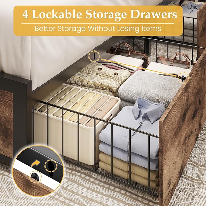 Lifezone King Bed Frame with 2-Tier Storage Headboard, Metal Platform Bed Frame with 4 Storage Drawers, Built in Charging Station & LED, Noise-Free/Metal Support/No Box Spring Needed, Vintage Brown