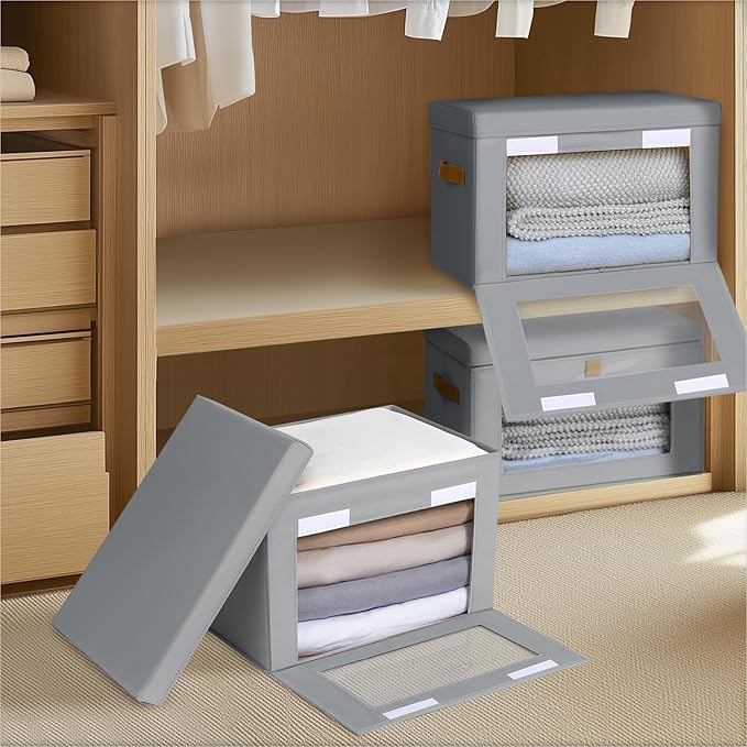 Homsorout Small Fabric Storage bins - Collapsible Storage Bins with Open Window, 2 Pack Closet Baskets for Shelves, Stackable Decorative Boxes for Home, Dorm, Grey, 13.7"x 9.8" x 9.8"