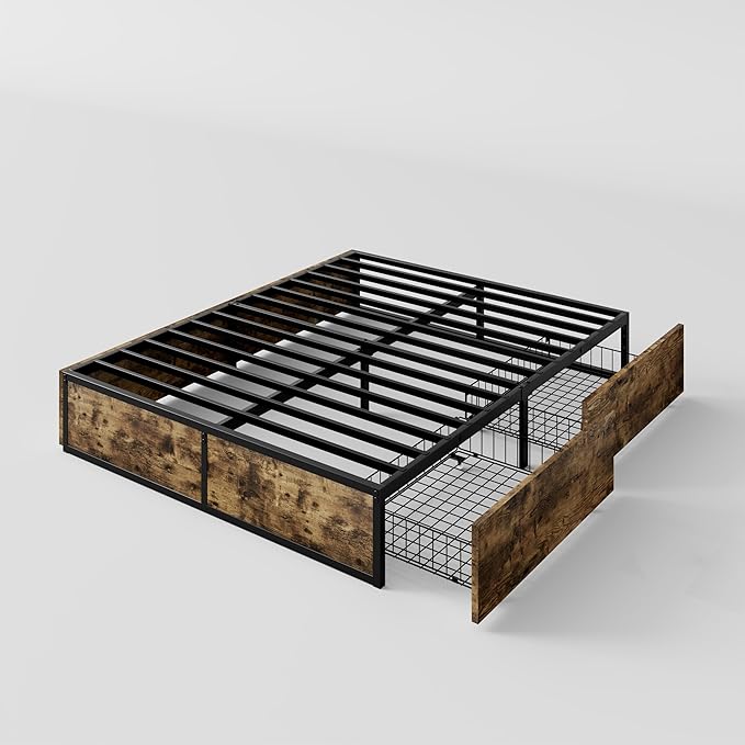 SHA CERLIN Queen Platform Bed Frame with 2 Large Storage Drawers, Rustic Wood and Metal, Noise-Free, Easy Assembly, No Box Spring Needed, Brown