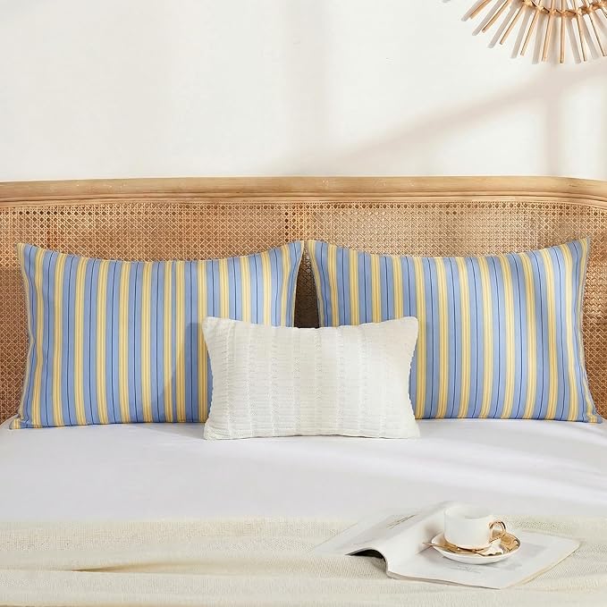 Merryword Blue & Yellow Striped Pillowcases, 100% Cotton Pillow Cases, King Size Pillowcases, Soft Breathable Ribbon Stripe Pillow Covers, Set of 2