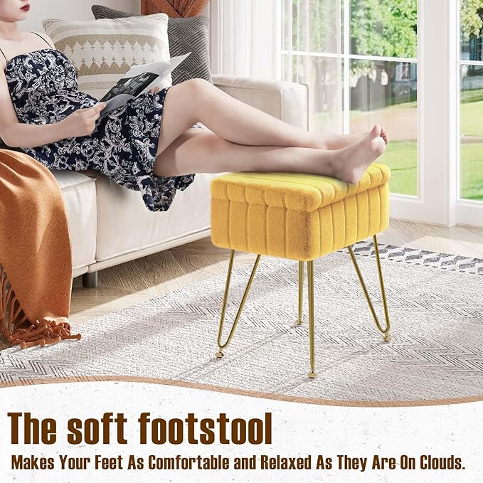 Greenstell Vanity Stool Chair Faux Fur with Storage, 15.7"L x 11.8"W x 19.4"H Soft Ottoman 4 Metal Legs with Anti-Slip Feet, Furry Padded Seat, Modern Multifunctional Chairs for Makeup, Bedroom,Yellow