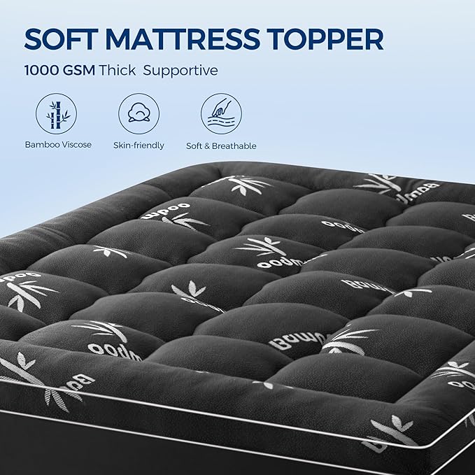 Mattress Topper Twin XL Size, Cooling Extra Thick Breathable Viscose Made from Bamboo Mattress pad, Soft Quilted Fitted Mattress Cover with 1000 GSM Down Alternative Fill (8-21”Deep Pocket) Dark Gray