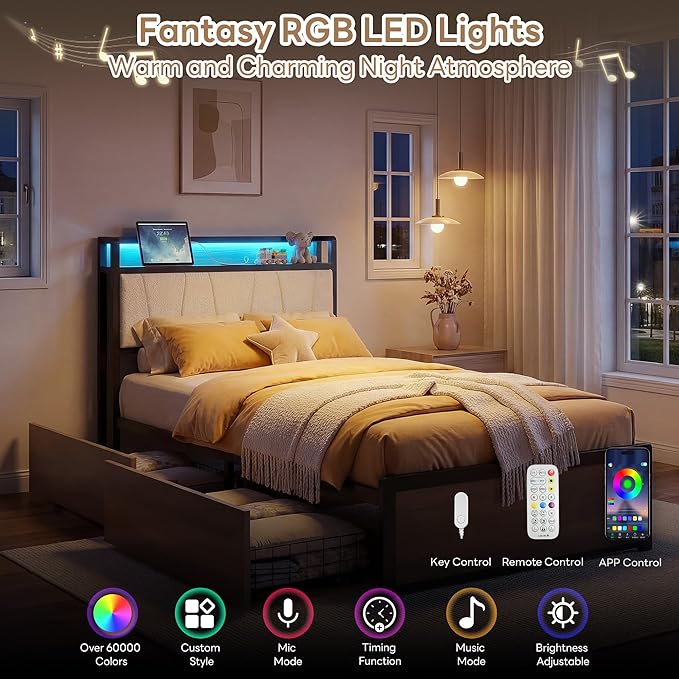 LIKIMIO Twin XL Bed Frame, DIY Storage Drawer Layout, Charging Station & LED Lights, Boucle Upholstered Platform XL Twin Bed Frame for Teen Rooms, Small Apartments & Bedrooms, Wood and Cream