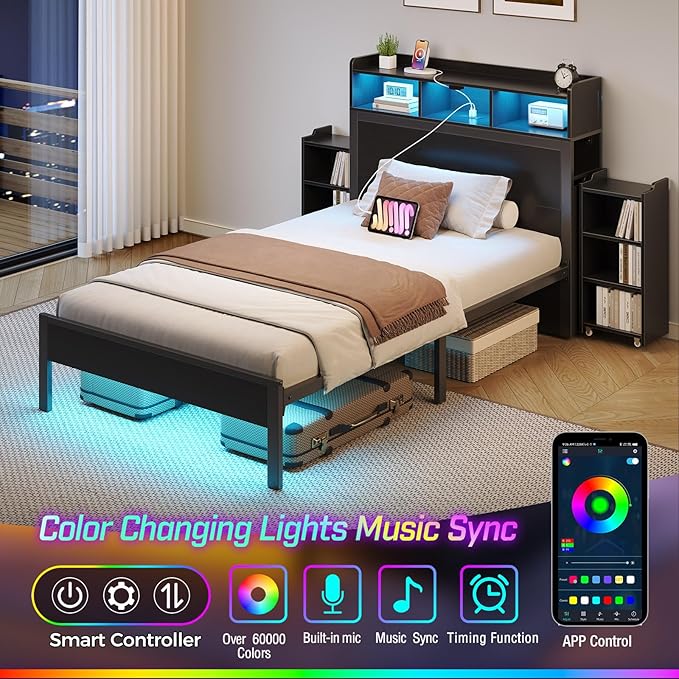Rolanstar Twin Bed Frame with Bookcase Storage Headboard, Slide Out Bedside Storage, Bed with Charging Station & LED Lights, Heavy Duty Metal Slats, No Box Spring Needed, Noise Free, Black