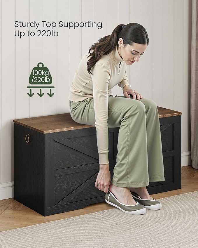 CHOEZON Storage Chest, 39.4" Wooden Storage Trunk, Modern Storage Bench with Safety Hinge, Toy Box, Farmhouse Style, for Bedroom, Living Room, Walnut and Black MCW10BL