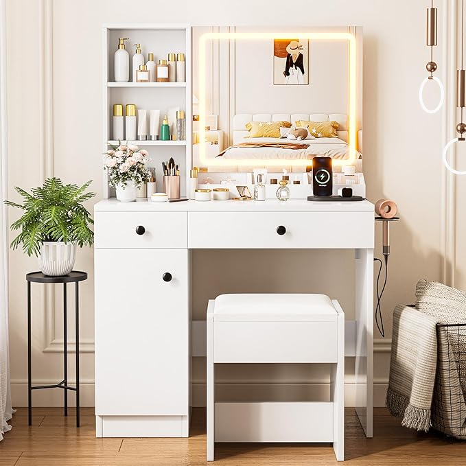 KAMABOKO Vanity Desk with Lighted and Mirror, White Makeup Table with Drawers and Charging Station, 3 Model Adjustable for Bedroom & Dressing Room (007 White)
