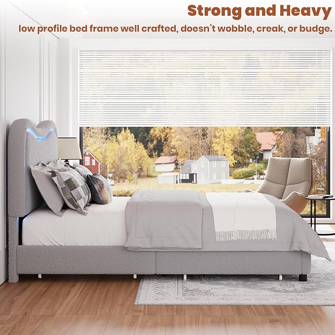 GarveeHome LED Queen Bed Frame with 2 Drawers and Headboard, Cute Upholstered Bed with Storage, Sturdy Platform Bed, No Box Spring Needed, Wooden Slats, Noise Free, Grey