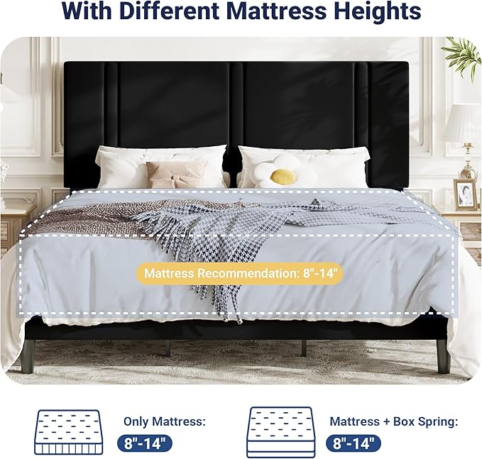 Allewie King Size Platform Bed Frame with Adjustable Headboard, Plush Velvet Upholstered, Vertical Channel Tufted, Sturdy Wooden Slats, No Box Spring Needed, Easy Assembly, Black