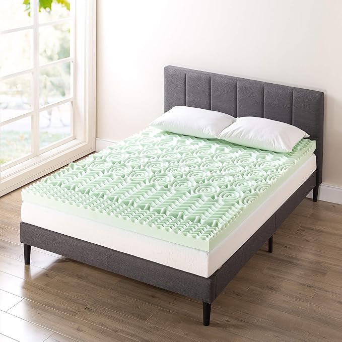 Mellow 4 Inch 5-Zone Memory Foam Mattress Topper, Calming Green Tea Infusion, Twin