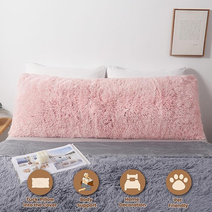 MEGO Shaggy Plush Body Pillow Cover, Pink Faux Fur Fluffy Body Pillowcase, 20x54 Boho Fuzzy Full Body Pillow Case, Furry Rectangular Long Big Throw Pillow Cover with Zipper Closure Ombre Pink