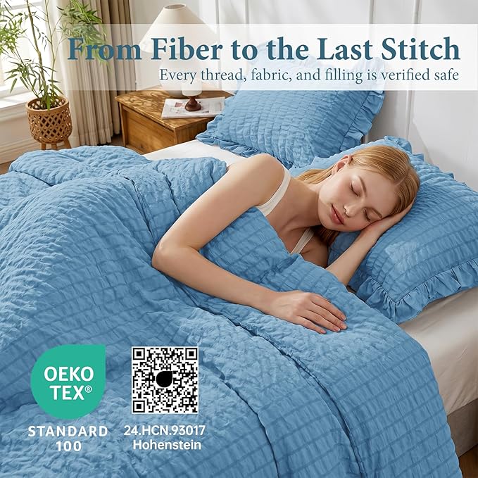 JOLLYVOGUE Queen Comforter Set, 3 Pieces Sea Blue Seersucker Comforters Queen Size, Lightweight & Fluffy Bedding Sets for All Season with 1 Ruffle Comforter and 2 Ruffle Pillowshams