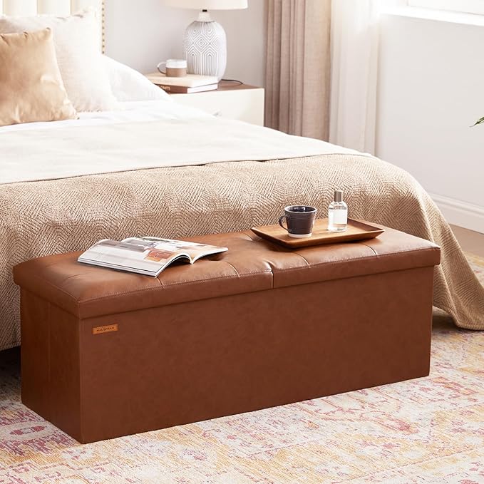 HAUSFRAU Storage Ottoman Bench with Flipping Lid, 43.3 Inches Storage Chest Footsrest, Folding Foot Stool for Entryway, Living Room, Bedroom, Synthetic Leather Retro Brown