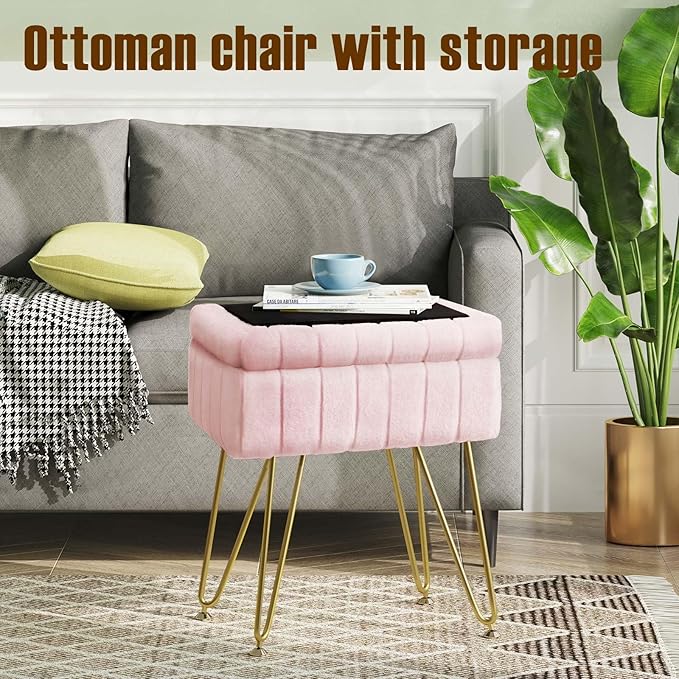 Greenstell Vanity Stool Chair Faux Fur with Storage, 15.7"L x 11.8"W x 19.4"H Soft Ottoman 4 Metal Legs with Anti-Slip Feet, Furry Padded Seat, Modern Multifunctional Chairs for Makeup, Bedroom Pink