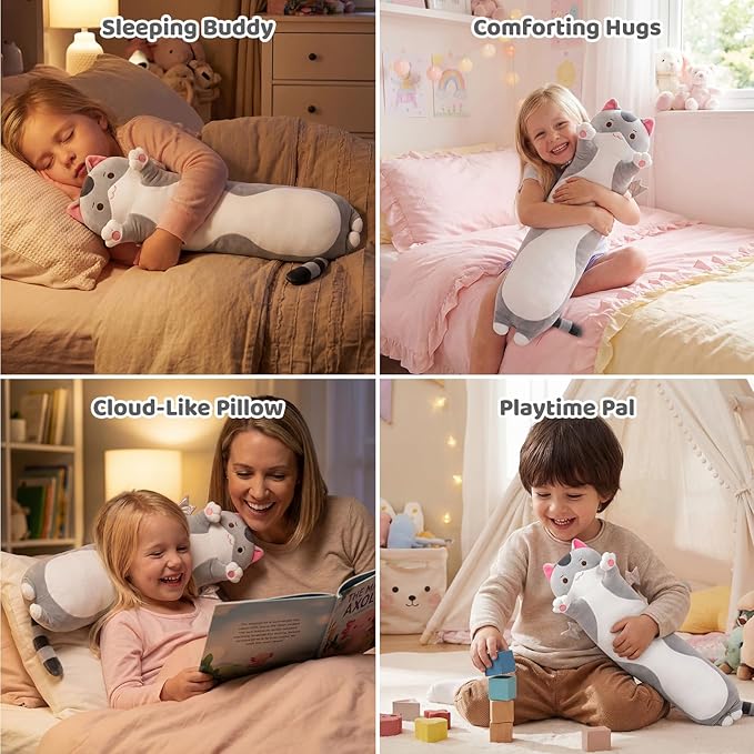 Mewaii Long Cat Plush 5 Sizes, 120% Extra Filling Giant Plushness Kids Body Pillow, Kawaii Cute Grey Cat Stuffed Animals Plushies, Big Long Body Pillow Cat Plush Gift for Girls 36”